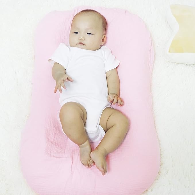 Hooyax Muslin Baby Lounger Cover Soft Organic Cotton Slipcover Fits Newborn Lounger for Baby Boys and Girls (Pink)
