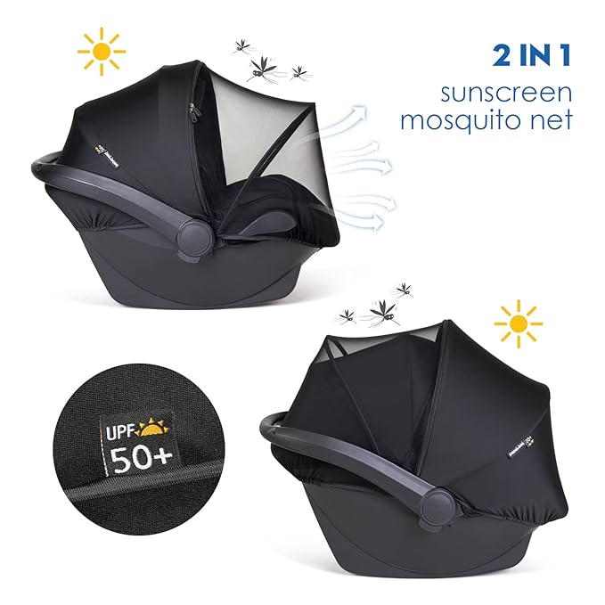 Beberoad Love 2-in-1 Car Seat Canopy - Universal Baby Car Seat Cover with Sunshade & Mesh Protection, 2-Way Zipper for Easy Access (Black)