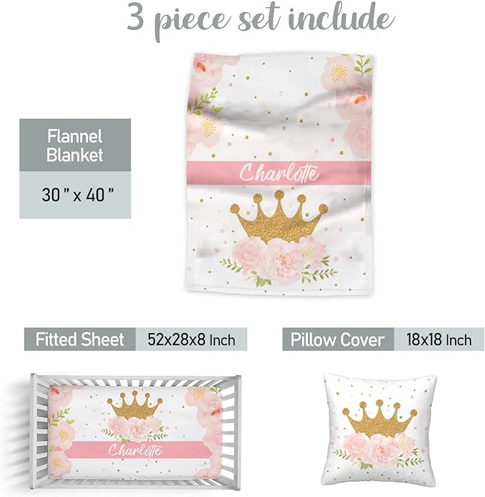 Personalized Baby Girl Crib Bedding Set – Custom Name 3-Piece Nursery Bedding with Crown with Flower, Flannel Blanket, Fitted Sheet & Pillowcase – Shower Gift for Baby Infant & Toddler