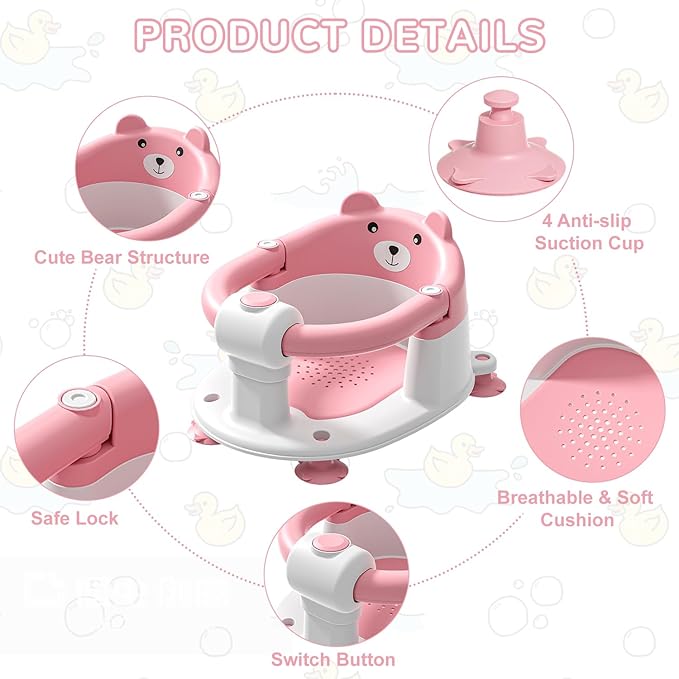 Baby Bath Seat for Babies 6 Months & up, Non-Slip Toddler Bath Seats for Babies Sitting Up, Safe Infant & Newborn Bathtub Chair with 4 Suction Cups & Soft Cushion for Shower,Pink