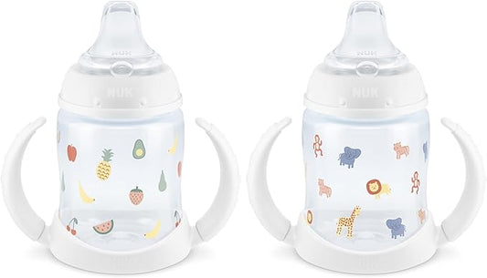 NUK Learner Cup, 6+ Months, Fun Fruits and Animals, Amazon Exclusive Collection, 5 Oz, Pack of 2 – BPA Free, Soft Spout, Spill Proof Sippy Cup