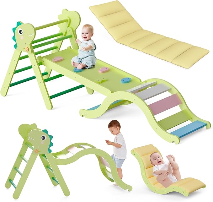 Pikler Triangle Set with Cushion 9 in 1, Climbing Toys for Toddlers Inside, Foldable Wooden Climbing Toys Indoor Jungle Gym Montessori Climbing Set for Toddler 1-3 in Home and Daycare