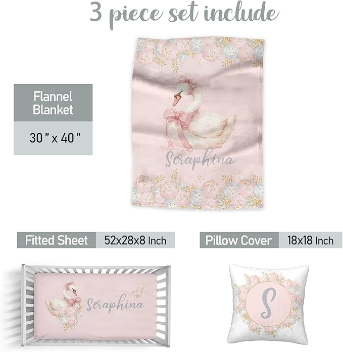 Personalized Baby Girl Crib Bedding Set – Custom Name Swan 3-Piece Nursery Set with Soft Flannel Blanket, Fitted Sheet & Pillowcase – Infant & Toddler Bedding Gift