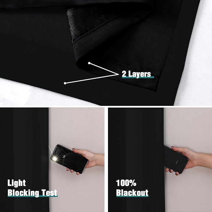 ChrisDowa 100% Blackout Curtains 120 inch Long for Bedroom with Black Liner, 2 Thick Layers Total Blackout Thermal Insulated Grommet Long Window Curtains 2 Panels Set (Black, 52 x 120 Inch)