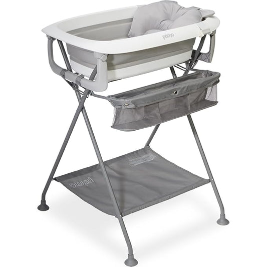 Primo SquishSplash Collapsible Baby Bath & Folding Stand With Ergonomic Infant Cushion for Newborns & Toddlers - Complete Bathing Station - Compact Space Saving Design, Ages 0-24 Months