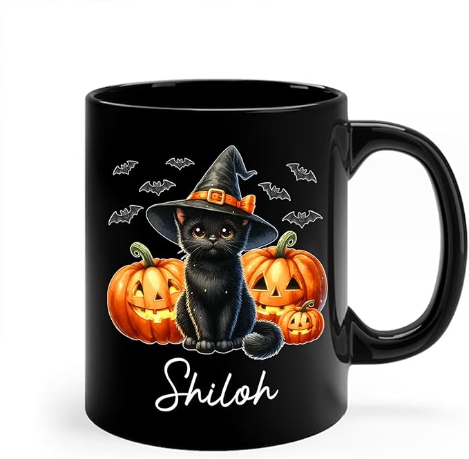 Personalized Black Cat Witch Ceramic Cups Gift for Halloween, Custom Name Black Cat with Pumpkins Coffee Mugs, Spooky Witch Pumpkins Cup, Pet Halloween Mug 11oz 15oz, Pet Enthusiasts Gifts
