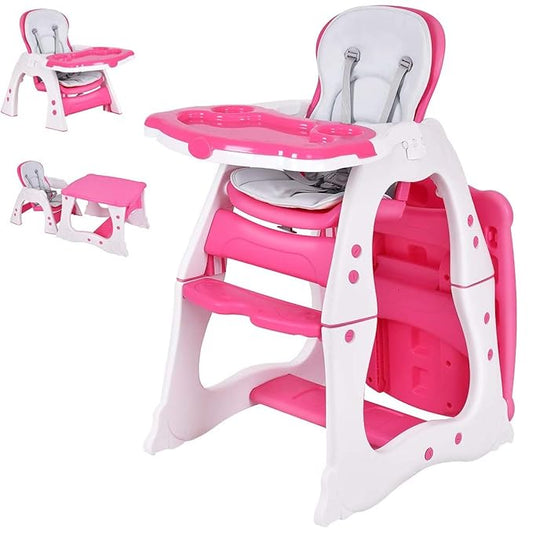 Costzon Baby High Chair, 3 in 1 Infant Table and Chair Set, Convertible Booster Seat with 3-Position Adjustable Feeding Tray, Adjustable Seat Back, 5-Point Harness (Pink)
