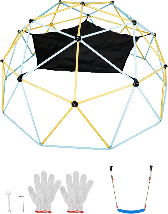 VEVOR Climbing Dome, 10FT Geometric Dome Climber with Hammock and Swing, Jungle Gym Supports 750LBS and Easy Assembly for Kids 3 to 10 Years Old, with Climbing Grip, Outdoor Backyard Play Equipment