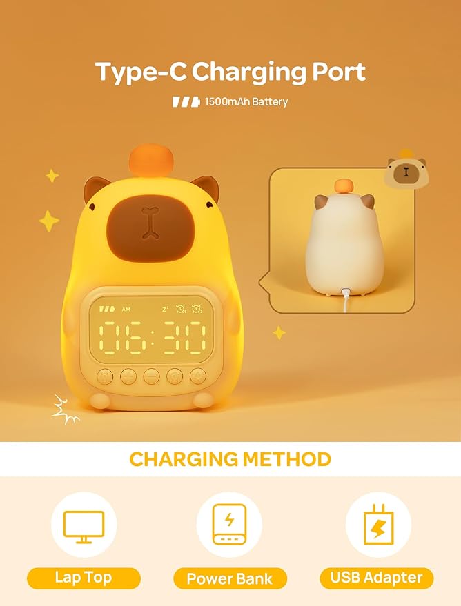 MASHI Capybara Alarm Clock with Night Light, ok to Wake Clock for Kids, Cute Capybara Night Light, Snooze, Toddler Sleep Training Clock,Gift for Kids Girls Boys Teens Birthday Room Decor