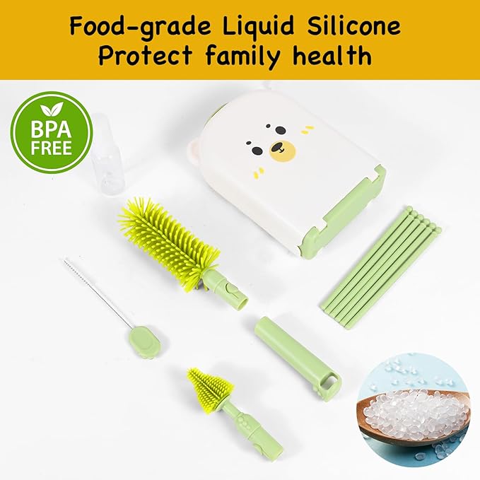 Portable Baby Bottle Brush Set - 7 in 1 Baby Bottle Cleaner Kit, Baby Travel Essential Bottle Washing Kit with Silicone Bottle Brush, Nipple Brush, Straw Brush, Drying Rack for Home and Travel (Green)