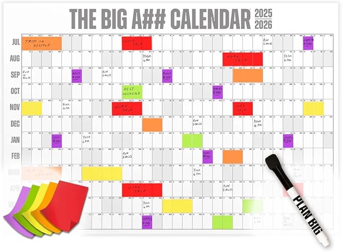 The Big A## Calendar Mid-Year Wall Planner – July to June Dry-Erase Board – Includes 1 Markers & 100 Labels – Lightweight, Easy to Hang Yearly Planner – Plan Goals & Adventures – Gray, 4’x3’