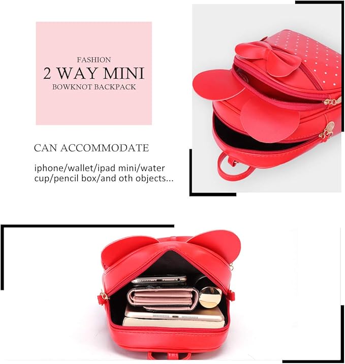 KL928 Girls Bowknot Polka Dot Cute Mini Backpack Small Daypacks Convertible Shoulder Bag Purse for Women