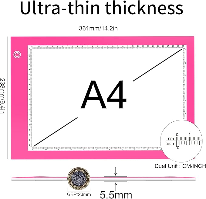 Light Box Drawing Pad, Tracing Board with Type-C Charge Cable and Brightness Adjustable for Artists, AnimationDrawing, Sketching, Animation, X-ray Viewing (A4-P-Pink-New)