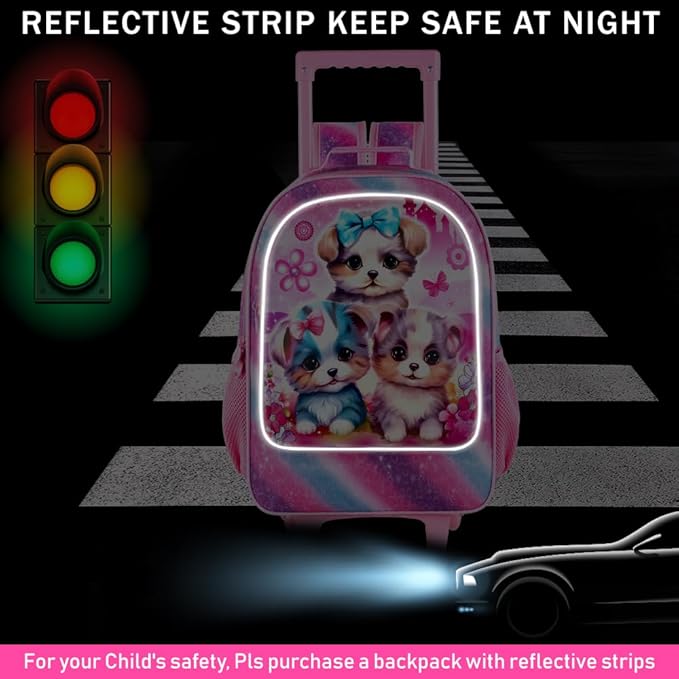 gxtvo Rolling Backpack for Girls, Cute Dog Roller Wheels Kids Bookbag - Wheeled Elementary School Bag - 3PCS Dog