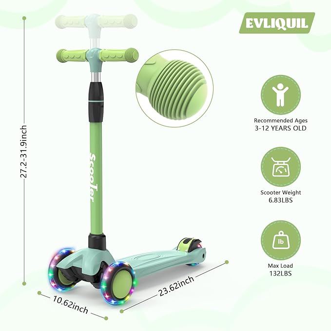 Kids Scooter,Lighted Wheels and 3 Adjustable Height Handlebars Scotters for Kids 3-12,3 Wheel Toddler Kick Scotter for Boys & Girls up to 132 Lbs.