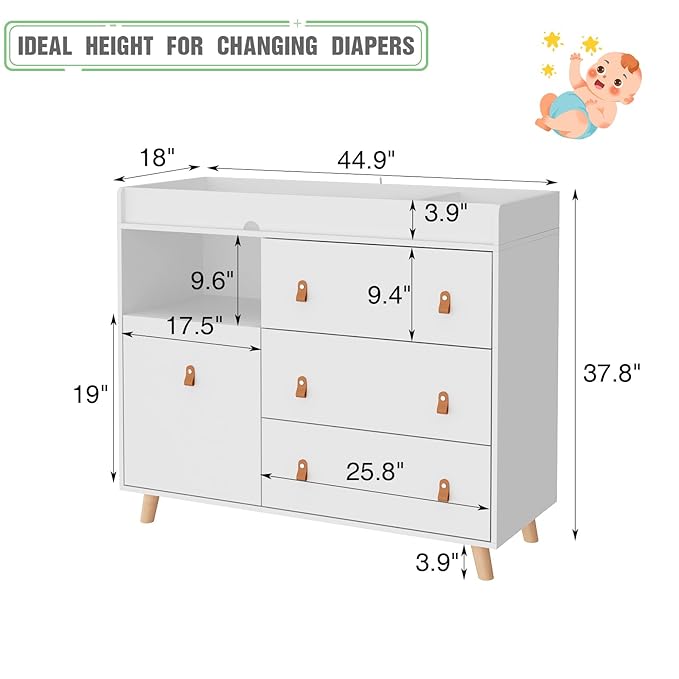 Baby Dresser Changing Table with Drawers,Shelf,Hidden Laundry Basket Storage,2 in 1 Nursery Dresser Chest for Infants, Baby Diaper Changing Station for Daycare,Bedroom,White