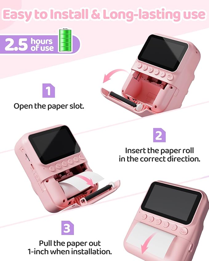 Kids Camera Instant Print for Girls Ages 3-14, 3-inch HD Screen Camera for Kids with Printing Paper, 1080P Digital Toddler Toys for 4 5 6 7 8 9 10 11 12 Years Old (Pink)