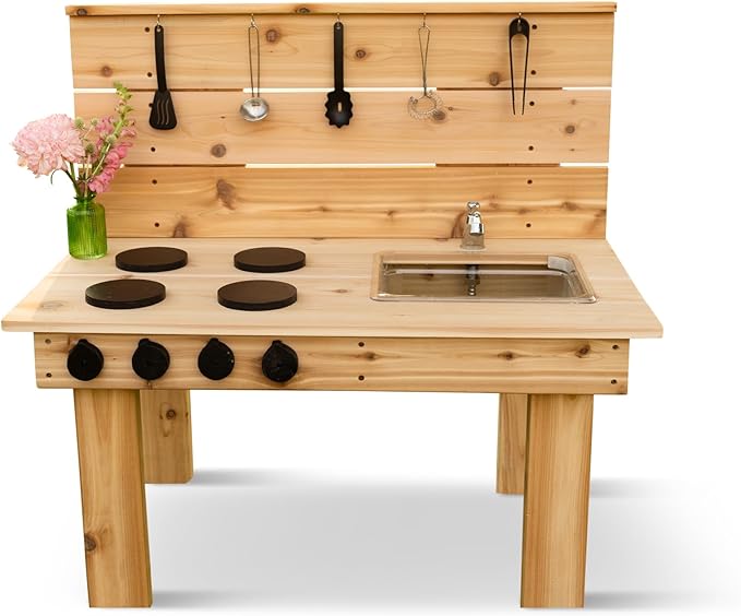 Noble Toys Mini Mud Kitchen with Functional Stovetop Sink for Kids | Pretend Play Toddler Table with Running Water | Outdoor Playset Working Sink | Real Wooden Kitchens | Preschool Equipment