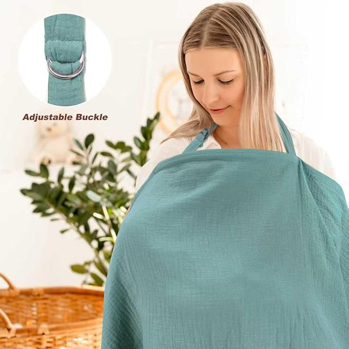 Muslin Nursing Cover for Breastfeeding, Privacy Breathable Breastfeeding Cover with Arch Neckline for Mom, 100% Cotton Nursing Apron, Green