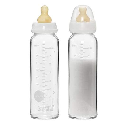 HEVEA Standard Neck Glass Baby Bottles - Medium Flow Anti Colic Baby Bottles (8 Ounce (Pack of 2))