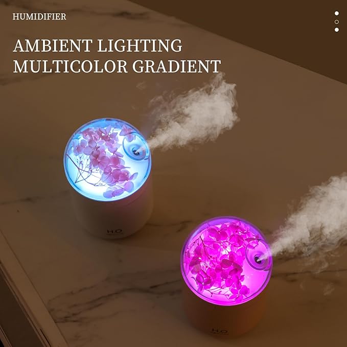Portable Small Hydrangea Humidifiers for Bedroom Baby, Mini Cool Mist Plant Humidifier for Plants, Quiet Desktop Humidifier with 2 Working Modes & Colorful Night Light for Travel, Office, Bedroom