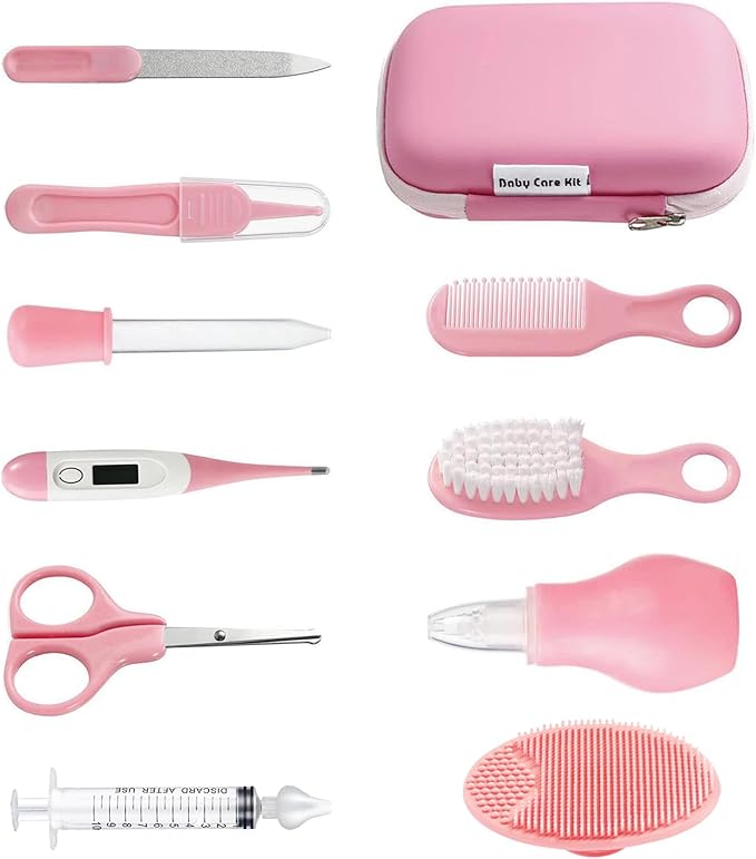 PandaEar Baby Healthcare and Grooming Kit, Baby Safety Set Baby Comb, Brush, Finger Toothbrush, Nail Clippers, Scissors, Nasal Aspirator, Baby Essentials Nursery Care Kit (Pink)