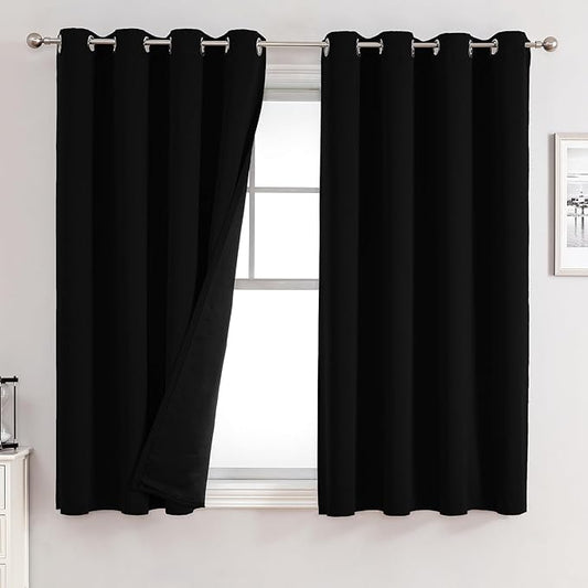ChrisDowa 100% Blackout Curtains for Bedroom with Black Liner, 2 Thick Layers Total Blackout Thermal Insulated Grommet Window Curtains 2 Panels Set (Black, 52 x 63 Inch)