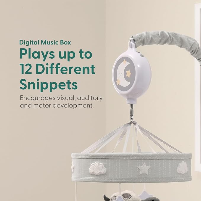 The Peanutshell Crib Mobile for Boys or Girls - Grey Musical Baby Crib Mobile with 12 Lullabies, Lion, Elephant, Zebra, Safari Plush Toys Hanging, Infant Baby Mobile Crib, Safari Nursery Decor