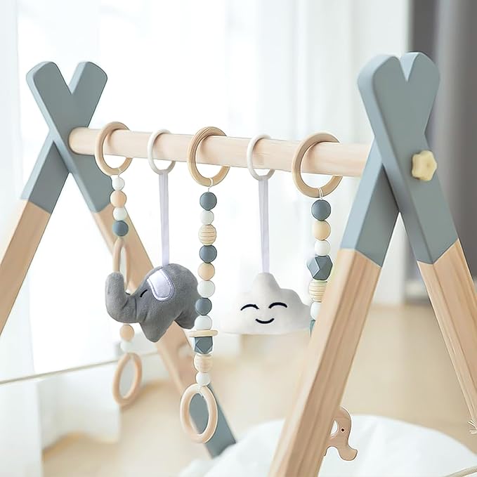 Wooden Foldable Baby Play Gym Frame Activity Hanging Bar With 5 Toys - Natural for Newborn (Grey)