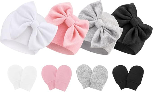 BQUBO Newborn Baby Hats Mittens Set Hospital Hat Beanie Infant Bow Hats Baby Gloves No Scratch Mittens for 0-6 Months