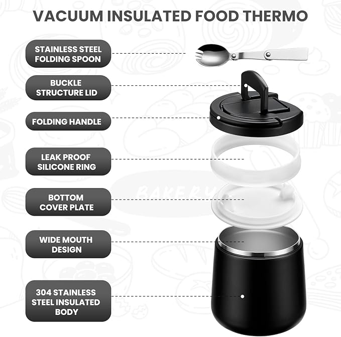 Soup Thermo for Hot Food 20oz Lunch Containers with Buckle Lid Wide Mouth Hot Food Jar Vacuum Insulated Stainless Steel Bento Box Leakproof with Spoon(Black)