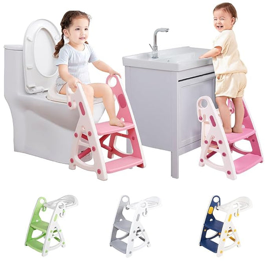 Potty Training Seat: 2 in 1 Design Potty Seat for Toilet & Nursery Step Stool for Sink Potty Training Toilet with Height Adjustable Ladder for Kids of All Ages (Pink)