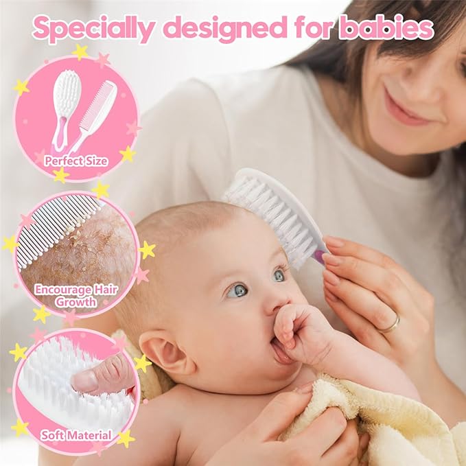 Baby Hair Brush and Comb Sets, New Born Baby Hair Brushes, Perfect Baby Registry Gift for Newborns(Pink)