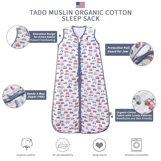 Baby Sleep Sack 6-12 Months Wearable Blanket for Babies 100% Organic Cotton 2-Way Zipper YKK 0.5 TOG Toddler Sleeping Sacks Cars