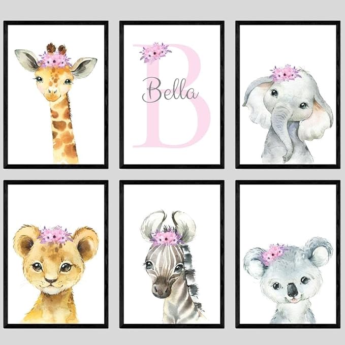 Personalized Safari Animals for Baby Girls Nursery, Set of 6 Unframed Poster Prints, Personalized Name Pink Lilac Floral, Girls Bedroom Decor, Elephant Giraffe (8x10)