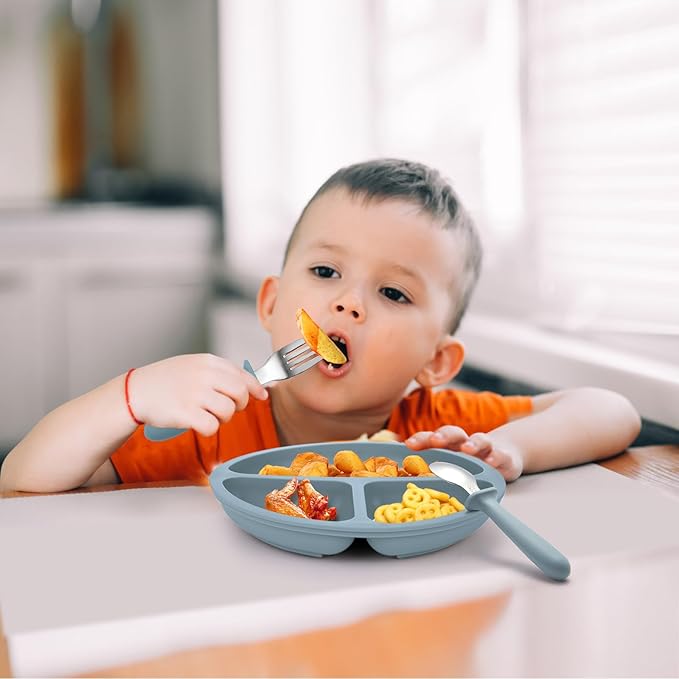 Baby Feeding Set, 2 Pack Silicone Divided Suction Plates for Baby, 2 Pack Spoons and Forks Set, BPA Free, Baby Led Weaning Supplies for Toddler Utensils
