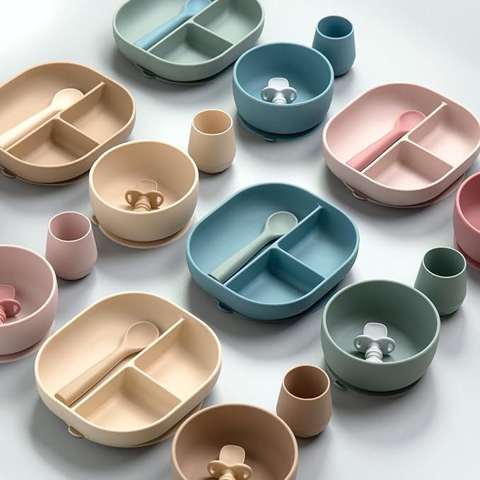 SAMiGO Silicone Baby Feeding Set, Suction Plate Bowl Set, Self Feeding Spoons, Bib, Cup, Baby Led Weaning Supplies, First Stage Feeding Essentials, Food Eating Utensils, 6+ Months