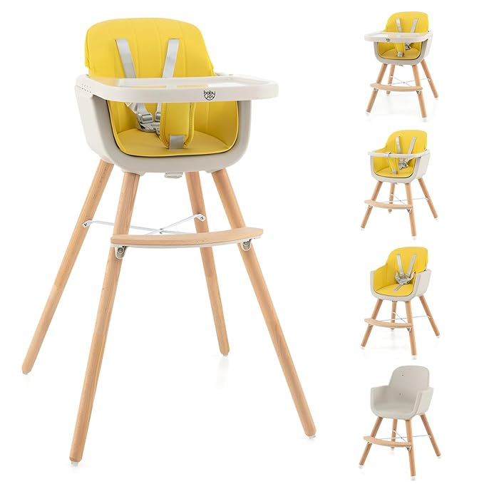 BABY JOY Convertible Baby High Chair, 3 in 1 Wooden Highchair/Booster/Chair with Removable Tray, Adjustable Legs, 5-Point Harness, PU Cushion and Footrest for Baby, Infants, Toddlers (Yellow)