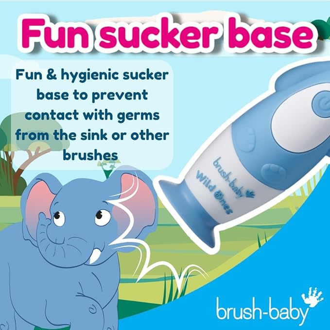 brush-baby WildOnes Kids Electric Rechargeable Toothbrush Elephant, 1 Handle, 3 Brush Heads, USB Charging Cable, for Ages 0-10 (Elephant)