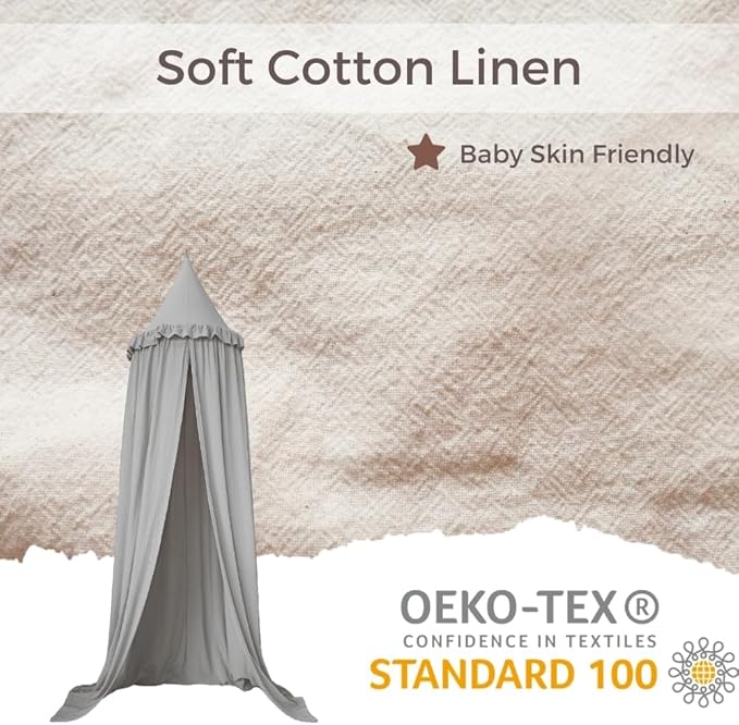 Wonder Space Kids Bed Canopy with Ruffles, Lace Frilled Cotton Tent Net, Pastel Neutral Colors for Boys & Girls, Nursery Room Baby Crib Hanging Curtain Mosquito Net Children Reading Nook Decor (Grey)