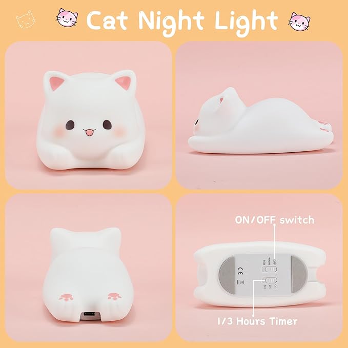 LOVERUIS Cute Night Light for Kids Cat Night-Light Baby Girl Squishy NightLight 1/3 Hour Timer Kitty Light Baby Dimmable Nursery Lamp Colorful Nightlight Gift for Kid Toddler Kawaii Bedroom (Kiki)