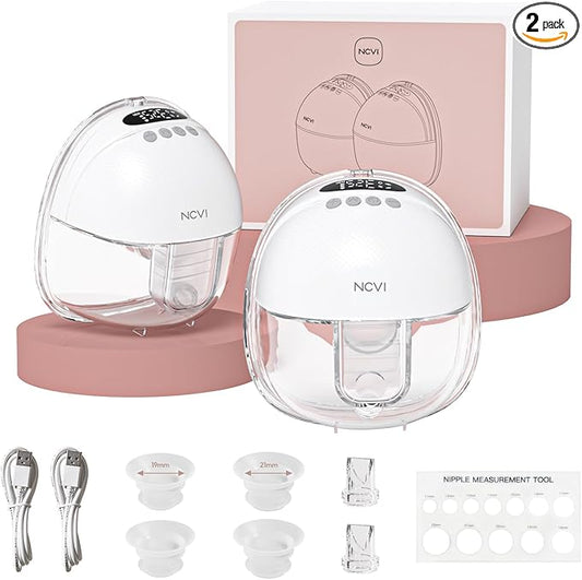 NCVI Wearable Breast Pump Hands Free, Portable Electric Breastfeeding Pump with 1500mAh Battery, Quiet Operation, Smart LED Display, 4 Modes & 9 Levels, 19/21/24mm Flanges, 2 Pack, White