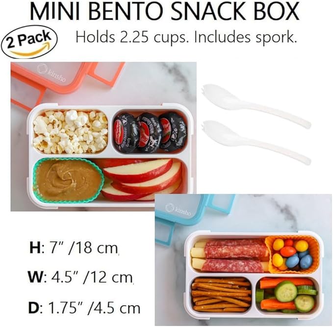 Snack Containers - MINI Bento Box, Small Lunch Boxes for Kids Toddlers Boys Girls, Leakproof 3 Compartment Containers for Meal or Snacks, Day-Care Pre-School Travel, BPA Free, 2 Pack Set Coral Blue
