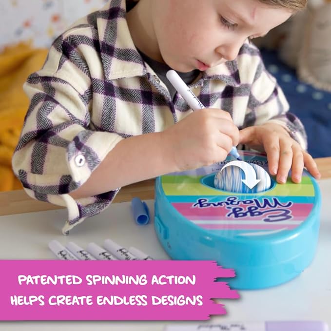 The Eggmazing Egg Decorator Easter Egg Decorator Kit - Arts and Crafts Set - Includes Egg Decorating Spinner and 8 Colorful Quick Drying Non Toxic Markers (Blue) - Packaging May Vary