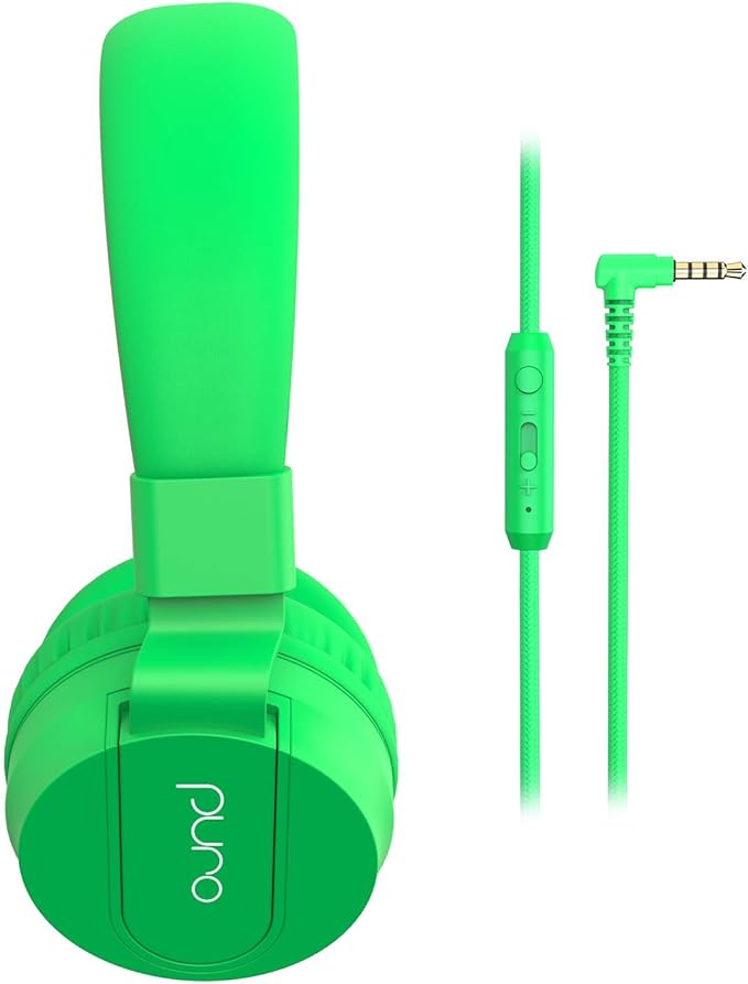 Puro Sound Labs PuroBasic Kid Headphones with Cord - Volume-Limiting & Adjustable with Microphone – Compatible with Smartphones, Tablets, PCs, and More – Safe, Durable Headphones for Kids – Green