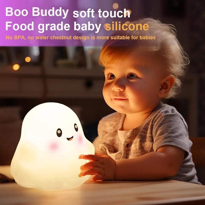 Ghost Night Light for Kids, Silicone Nursery Nightlight with 13 Interactive Sound Effects ,Halloween Decor Lamp Adjustable Dimmable Lamp with Touch Sensor Children's Christmas Gifts (white ghost)
