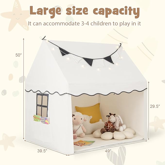 INFANS Kids Play Tent with Washable Mat Star Light Windows, Anti-Trip Large Playhouse Toys for Children Boys Girls, Indoor Outdoor Princess Tents Castle for Toddlers (Black- Wide Door)