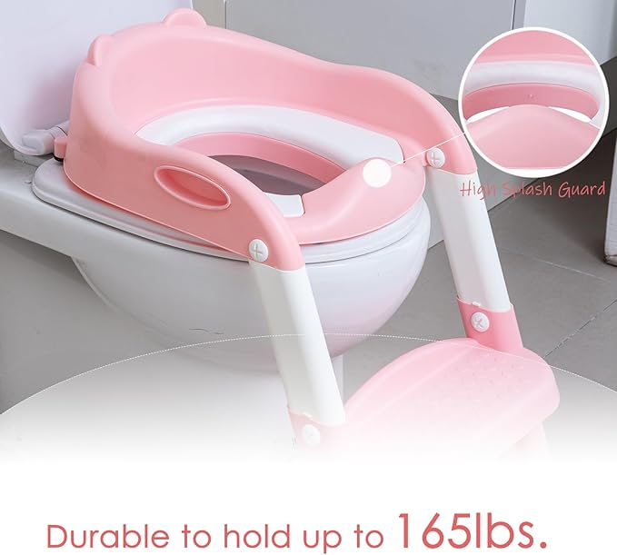 Potty Training Toilet Chair Seat with Step Stool Ladder for Kids and Toddler Boys Girls - Foldable Height Adjustable Children Toilet Training Seat with Safe Handles & Anti-Slip Pads, White-Pink