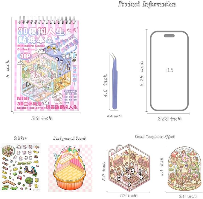 Dwpetzo 20 Sets DIY 3D Sticker Scenes for Adults with Tweezer, Cute 3D House Sticker Therapy for Girls Make Your Own Mini Room Scene Collection Book for Adult Kids Relief Stress Pass The Time