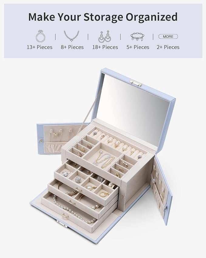 Vlando Jewelry Box for Girls, 4-Tier Jewelry Organizer with Lock, Mirror Jewelry Box for Earring, Ring, Necklace and Bracelets - Purple